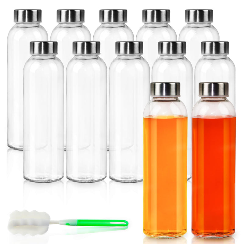 GUANENA 12 Pack Glass Water Bottles, 16oz Clear Glass Bottles with Stainless Steel Lids, Reusable Glass Drink Bottles with Caps for Juicing,