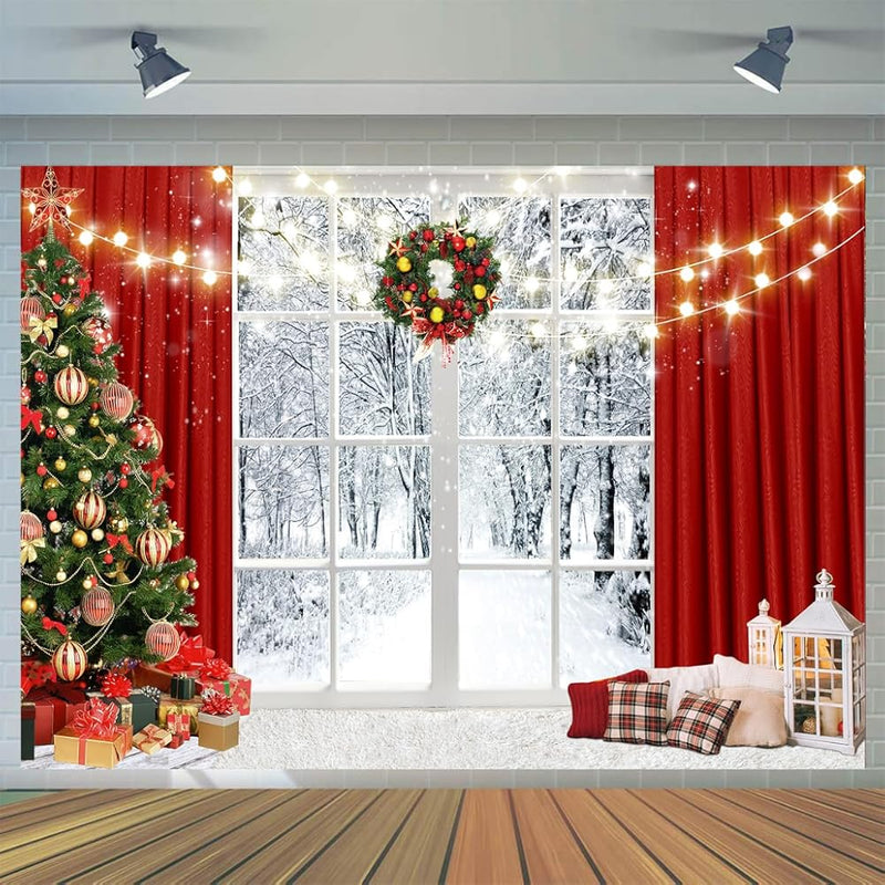7x5ft Christmas Backdrop Christmas Window Backdrop for Photography Winter Snow Scene Xmas Party Decorations Background Festival Party Banner