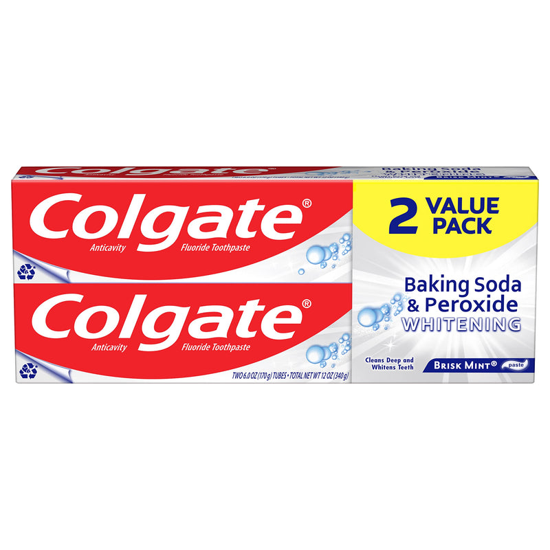 Colgate Baking Soda & Peroxide Toothpaste - Whitens Teeth, Fights Cavities & Removes Stains, Brisk Mint, 6 Ounce (Pack of 2) Mint 6 Ounce (Pack of 2)