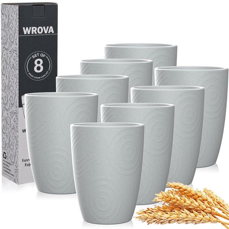 Wrova Wheat Straw Cups 8 PCS Alternative to Plastic Reusable Cups 12 oz Light Grey 12 Ounces