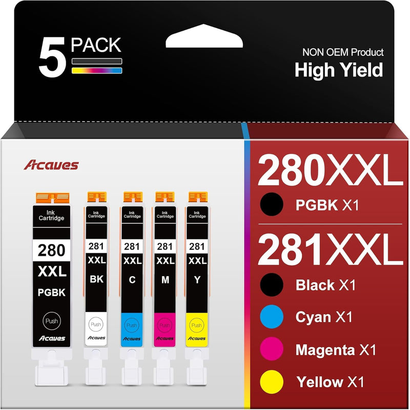 280XXL 281XXL Ink Cartridges High Page Yield (5-Pack) Compatible for Canon PGI-280XXL CLI-281XXL Ink 280 281 Ink Cartridges Work with TR8620a