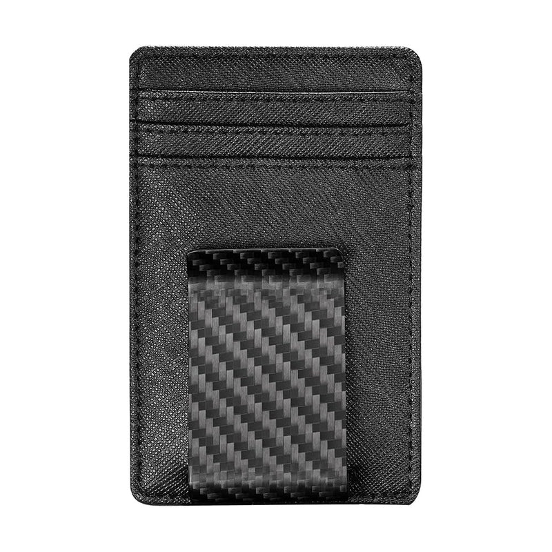 Travelambo Money Clip for Men Wallet Leather Slim Minimalist Card Holder RFID Blocking (Weaved Black) (Black Cros with Matte Clip)