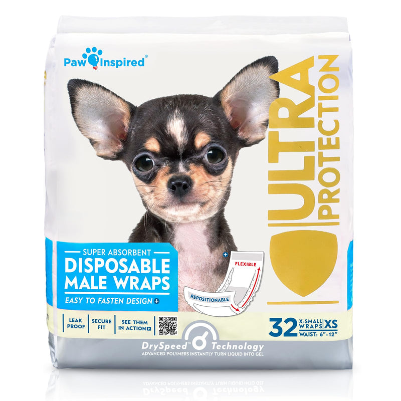 Paw Inspired Male Dog Wraps, Disposable Dog Diapers | Belly Bands for Small, Medium, Large Dogs (32 Count, Size X-Small)