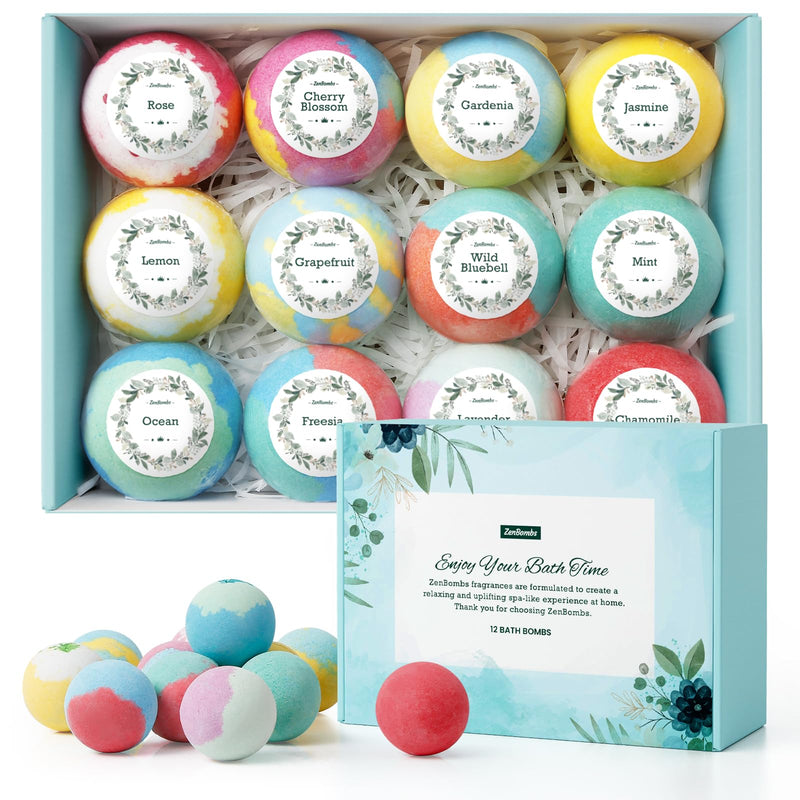 ZenBombs Bath Bombs for Women, 12pcs Handmade Natural Bath Bomb, Stocking Stuffers, Mothers Day Presents for Mom, Bath Bomb with Shea Butter,