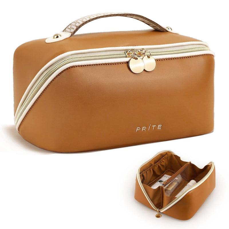 Prite Makeup Bag Travel Toiletry Bag Open Flat Cosmetic Organizer for Women New Brown Medium
