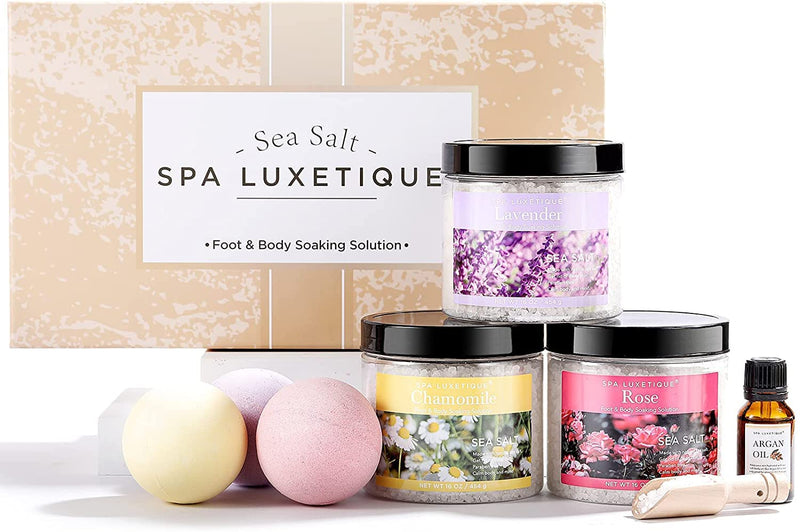 Spa Luxetique Bath Salts, 8Pcs Bath Salts Gift Set with Argan Oil, Bath Bombs, Wooden Scoop, Epsom Salt for Soaking in Lavender, Rose, Chamomile
