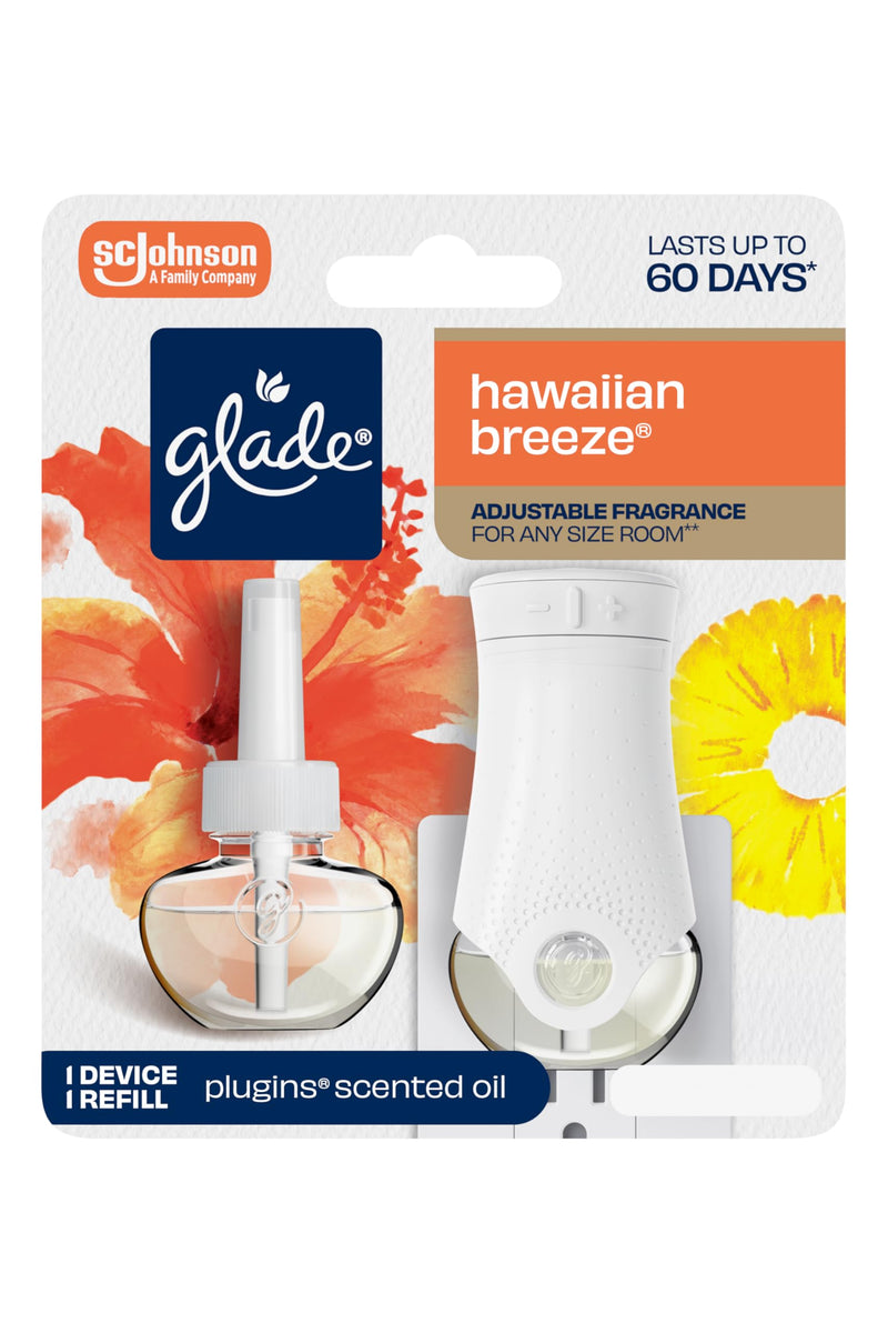 Glade PlugIns Refills Air Freshener Starter Kit, Hawaiian Breeze, Scented and Essential Oils for Home and Bathroom, 0.67 Fl Oz, 1 Warmer + 1