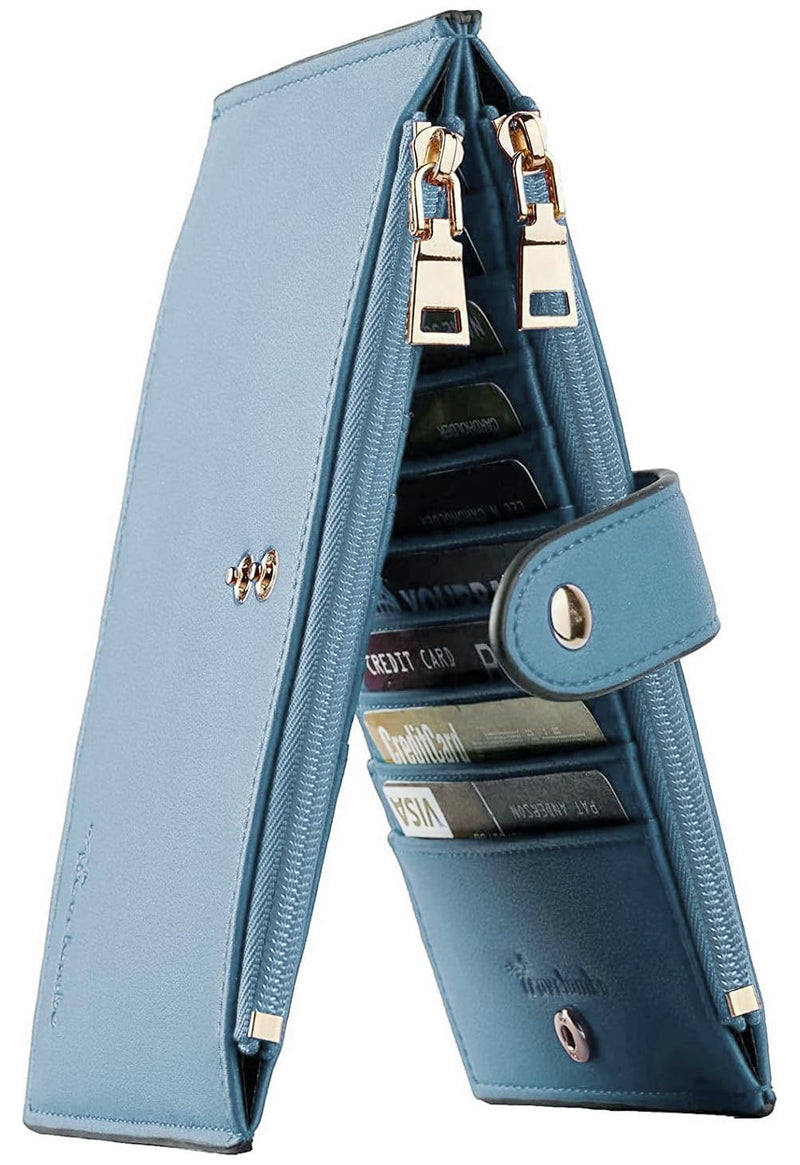 Travelambo Womens Leather Bifold Wallet, Slim RFID Blocking Card Holder Blue