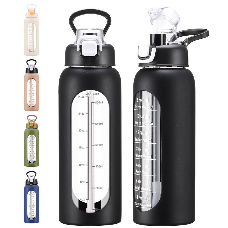chunmo 32 oz Glass Water Bolttles with Straw Large Motivational Water Bottle with Time Marker Sports Water Bottles with Silicone Sleeve and Handle