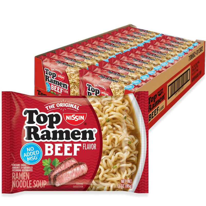 Nissin Top Ramen Noodle Soup, Beef, 3 Ounce (Pack of 24) | Quick, convenient meal ready in minutes with just hot water. Beef 3 Ounce (Pack of 24)