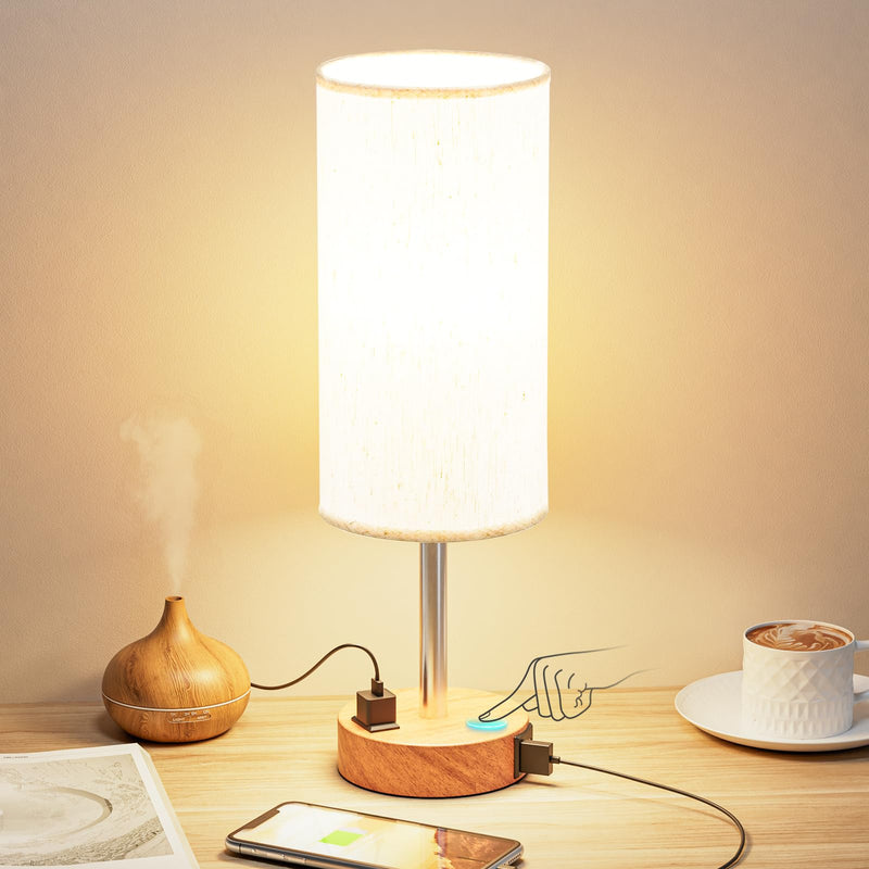 Fenmzee Bedside Table Lamp for Bedroom - 3 Way Dimmable Touch Lamp USB C Charging Ports and AC Outlet, Small Lamp Wood Base Round Flaxen Fabric