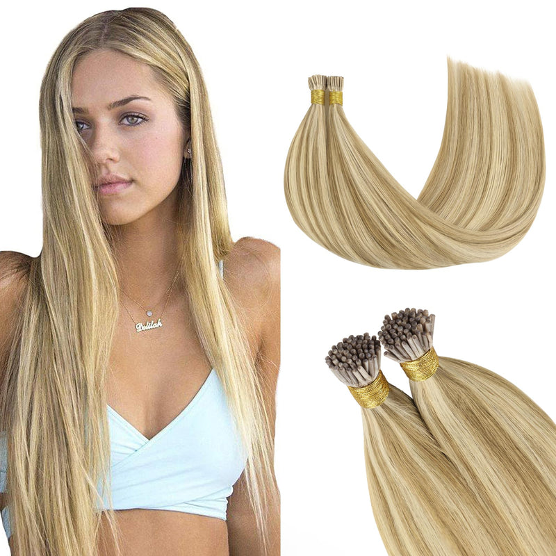 GOO GOO I Tip Hair Extensions, Real Human Hair, 14inch 100g 200S, Cold Fusion I Tip, Invisible Remy, 16/22 Light Blonde Highlighted Golden Blonde
