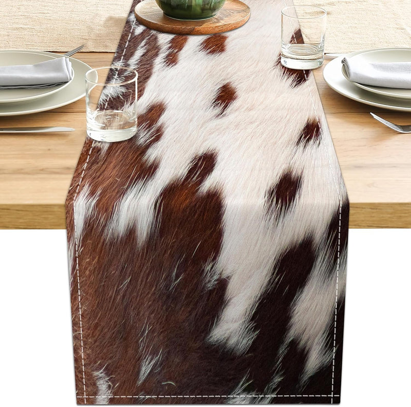 Linen Cow Print Table Runner 13X71 Inch Farmhouse Western White Brown Cowhide Runners Table Decorations Rustic Coffee Table Runner for Home
