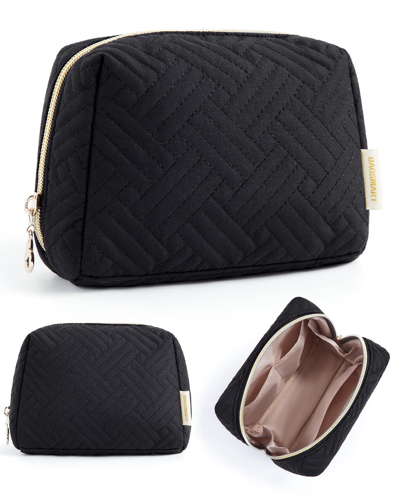 BAGSMART Small Makeup Bag, Compact Cosmetic Pouch for Women for Purse, Travel Toiletry Organizer with Wide Open Design, Black 01-Black