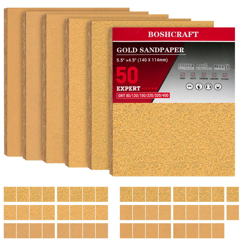 BOSHCRAFT 50 Pcs 1/4 Sheet Sand Paper 5.5" x 4.5" – 80/150/320/400 Grit 8 Sheets Each, 120/220 Grit 9 Sheets Each, Premium Aluminum Oxide