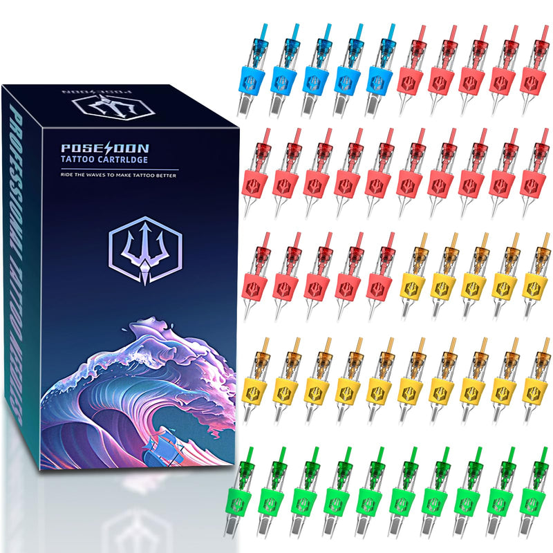 Poseidon 50Pcs Tattoo Cartridge Needles Assorted Mixed Size Round Liner Shader Magnum Curved/Round Mag # 12 Standard 3RL 5RL 7RL 9RL 5RS 7RS 9RS