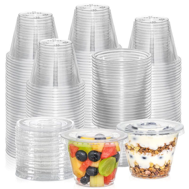 AOZITA [50 Sets, 9 oz Clear Plastic Cups With Flat Lids No Hole, Disposable Cups With Lids for Ice Cream, Pudding, Cake, Snacks Smoothie,