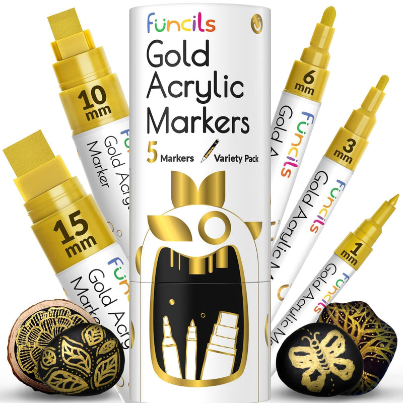 5 Acrylic Gold Paint Pen Metallic - Gold Marker Metallic Paint for Wood, Fabric, Canvas, Leaf, Tire, Metal, Glass - Permanent Pen Fine Tip, Thin
