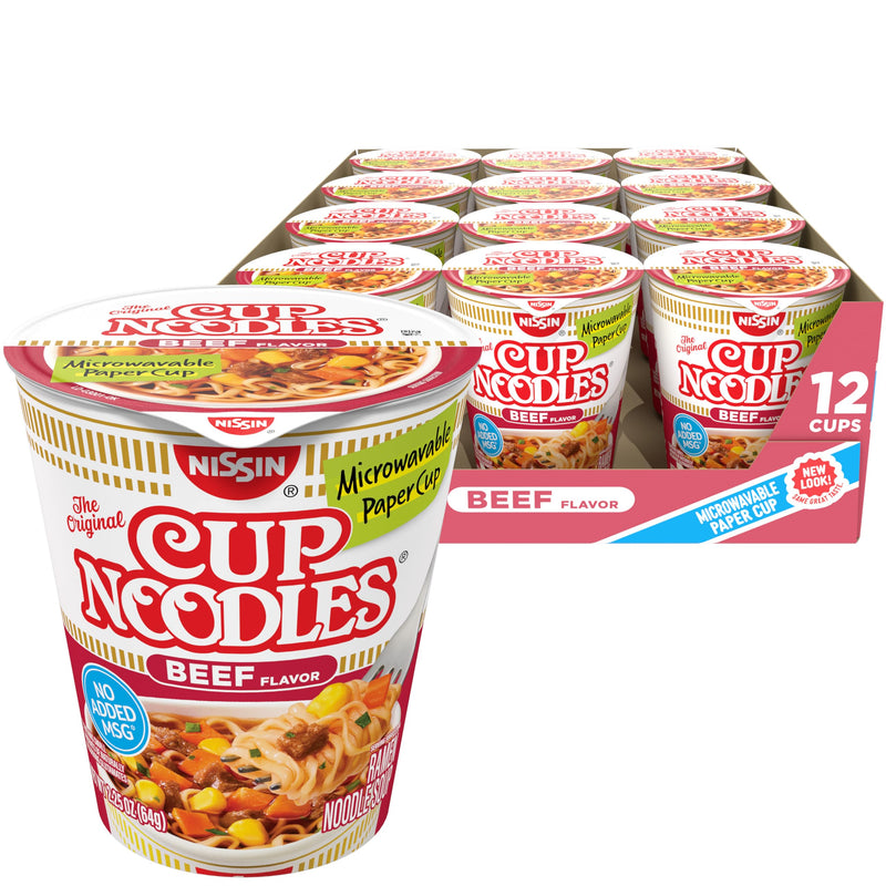 Nissin Cup Noodles Soup, Beef Flavor, Microwaveable Paper Cups, Instant Ramen, 2.25 Ounce (Pack of 12) | Instant Ramen Noodle Soup, Microwaveable