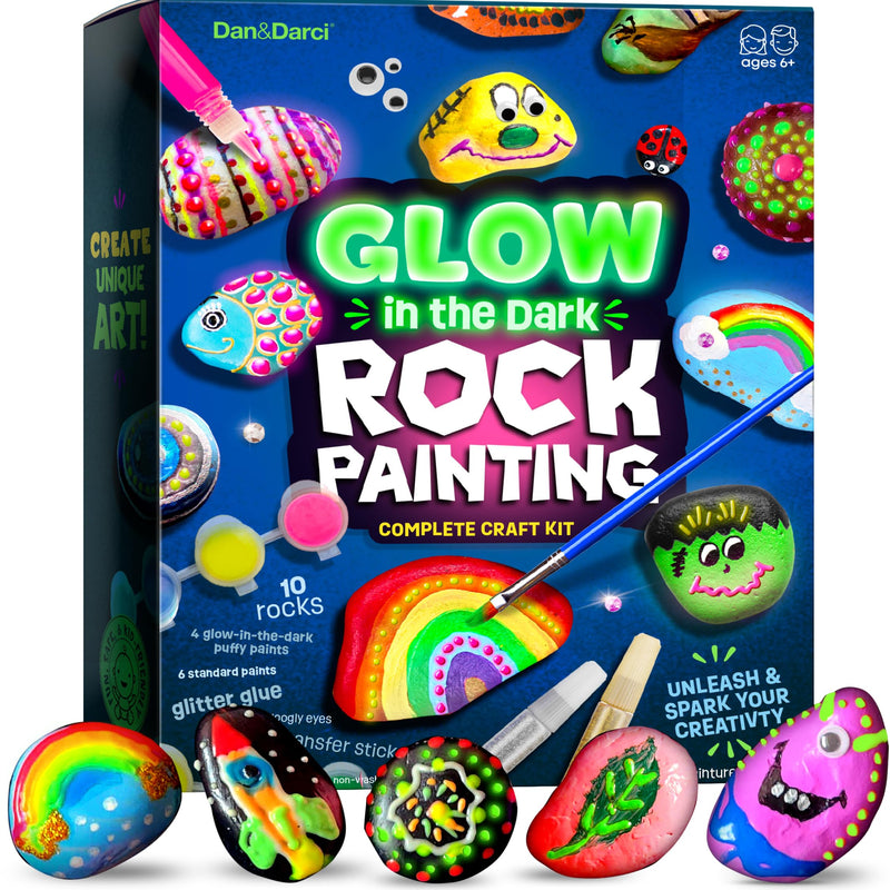 Dan&Darci Kids Rock Painting Kit - Glow in the Dark - Arts & Crafts Gifts for Boys and Girls Ages 6-12 - Craft Activities Kits - Creative Art Toys