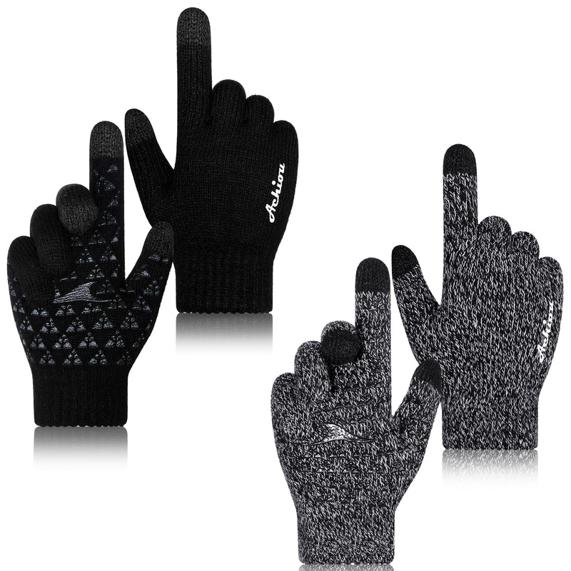 Achiou Winter Gloves for Men Women, 2 Pairs Touch Screen Texting Warm Running Gloves Thermal Soft Knit Lining, Elastic Cuff 1 Black/1 Black &