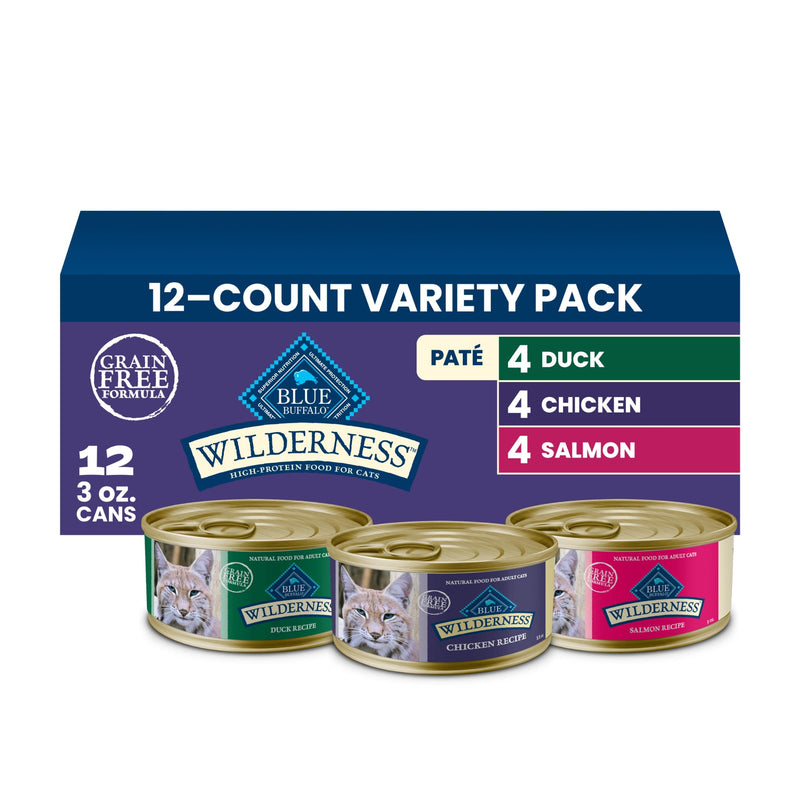 Blue Buffalo Wilderness Paté Variety Pack (Chicken, Salmon, and Duck) Adult Wet Cat Food, High-Protein & Grain-Free Recipes Enhanced with