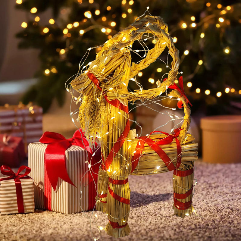 11.8" Lighted Christmas Straw Goat Home Decor Swedish Scandinavian Yule Style Decorative Handmade Ornaments with LED Light for Indoor Christmas