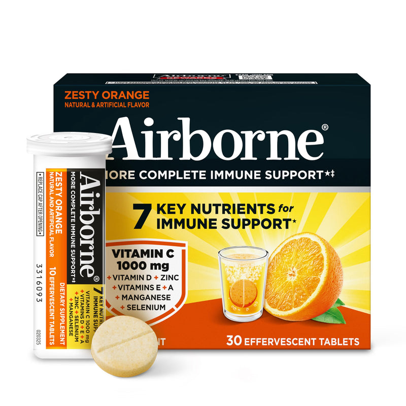 Airborne Vitamin C 1000Mg (Per Serving) - Zesty Effervescent Tablets, Gluten-Free Immune Support Supplement, Echinacea & Ginger, Orange, Citrus,