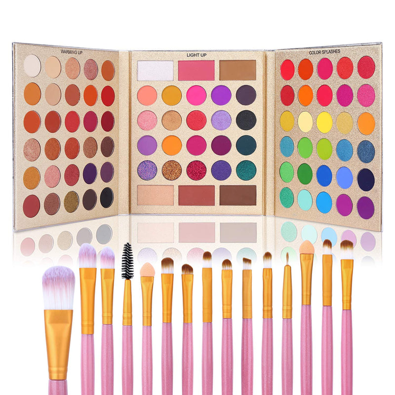 UCANBE Professional 86 Colors Eyeshadow Palette with 15Pcs Makeup Brushes Set Matte Glitter Long Lasting Highly Pigmented Waterproof Contour Blush