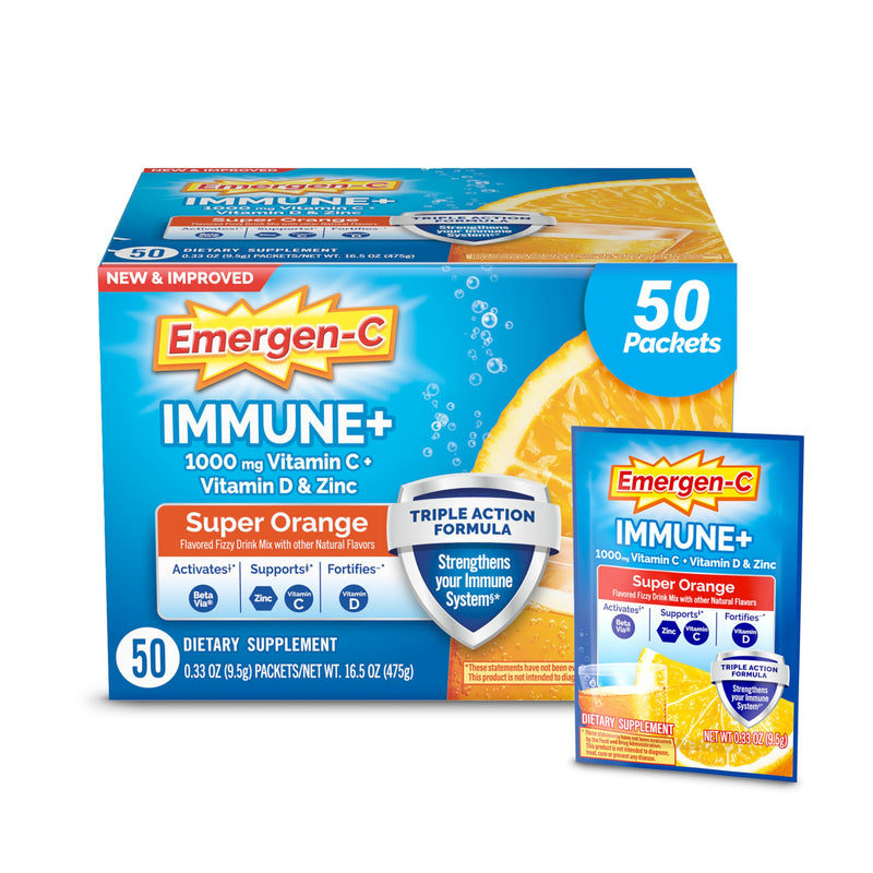 Emergen-C Immune+ Triple Action Immune Support Powder, Betavia (R), 1000Mg Vitamin C, B Vitamins, Vitamin D and Antioxidants, Super Orange â 50