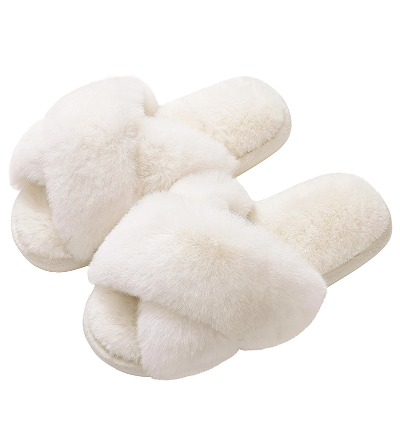Evshine Memory Foam Fuzzy House Slippers for Women | Faux Fur Cross Band Open Toe Indoor Slippers, Gifts for Women, Moms and Bridesmaids 8 White