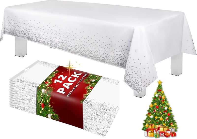 Grandipity Grey Dot on White 12 Pack Premium Disposable Plastic Tablecloth 54 Inch x 108 Inch. Decorative Rectangle Table Cover Grey Confetti