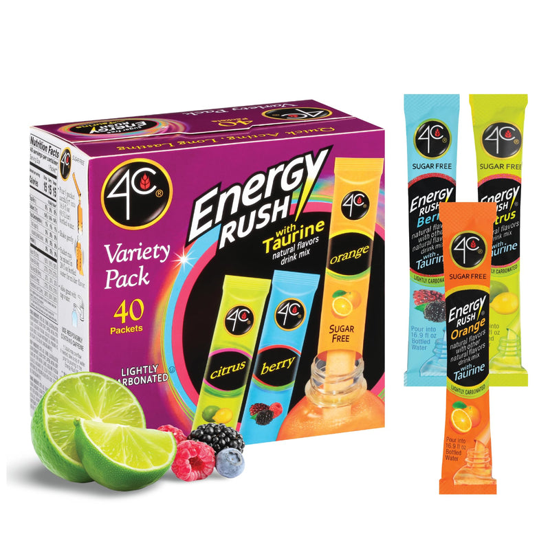 4C Energy Rush Stix, Variety 1 Pack, 40 Count, Single Serve Water Flavoring Packets, Sugar Free with Taurine, On the Go Bundle (20 Berry, 10