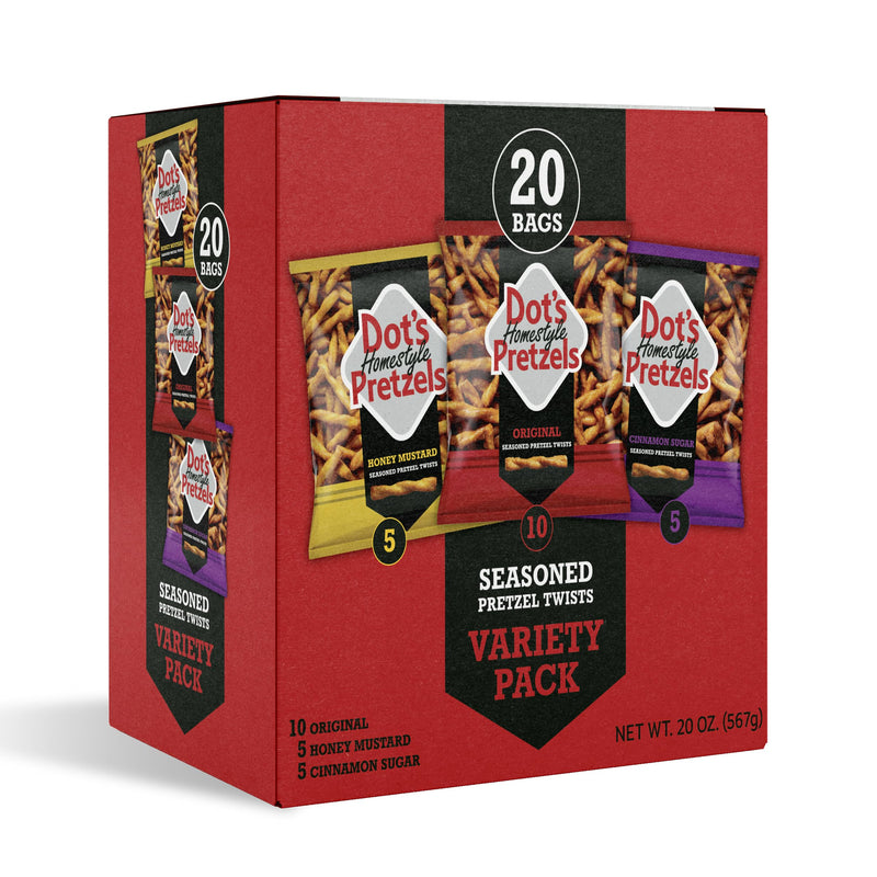 Dot's Pretzels Variety Pack, Original, Honey Mustard, and Cinnamon Sugar Pretzel Twist Snack, 1oz Individually Sized Bags (20 Count) 20 Ounce