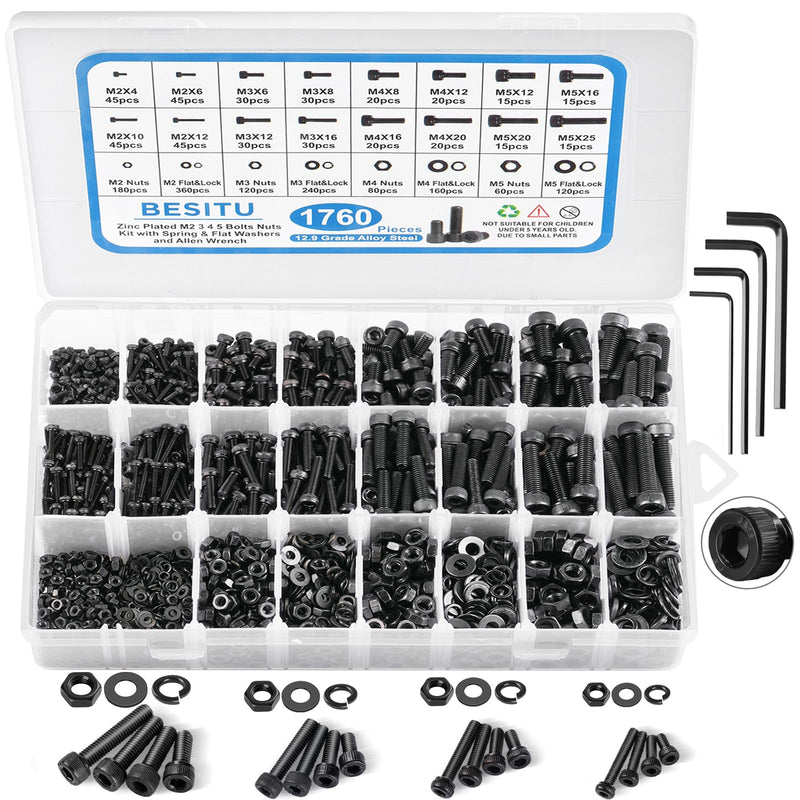 Besitu 1760pcs M2 M3 M4 M5 Metric Screw Assortment, Grade 12.9 Alloy Steel Hex Socket Head Cap Bolts and Nuts Kit, Black Zinc Plated and Anti Rust