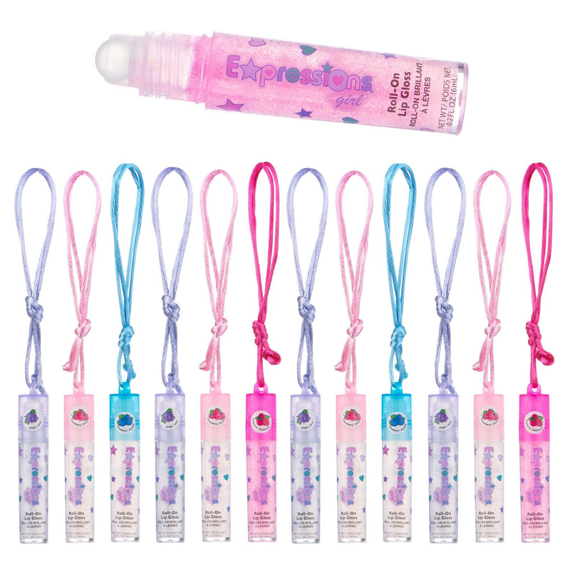 12pc Fruit Flavored Lip Gloss Necklace Set - Non-Toxic Wearable Lip Gloss | Fun Party Favors for Teen Girls & Kids. Lip Gloss Necklace Gift Set