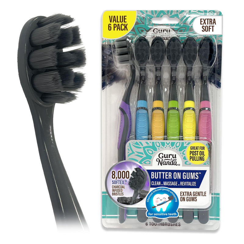 GuruNanda Butter on Gums Charcoal Toothbrush - 8000+ SoftexTM Bristles for Sensitive Teeth & Gums, Aids in Teeth Whitening, Extra Soft (6 Count) 6