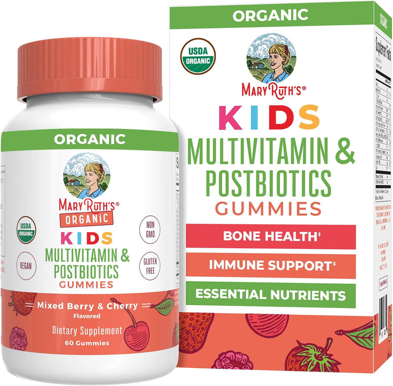 Maryruth Organics Kids Vitamins | USDA Organic | Multivitamin Gummies + Postbiotics for Ages 4+ | Lactobacillus Rhamnosus | Vegan | Non-Gmo | 60 Count