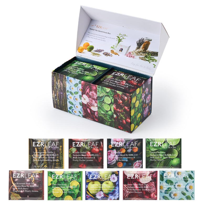 EZR Leaf Herbal & Fruit Tea Sampler Gift Box – 22 Pyramid Tea Bags with 9 Fruit & Floral Blends – Low & Caffeine Free Assortment for Relaxing Tea