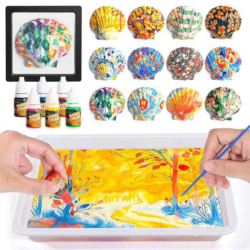 Water Marbling Paint Kit for Kids, Arts & Crafts, Non-Toxic, Age 3-12, Includes 6 Colors, 10 Sheets, Tools, 12 Shells, 2 Display Boxes Big