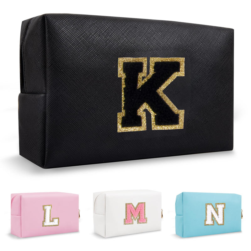 Personalized Small Preppy Makeup Bag, Chenille Letter Black Initial Cosmetic Zipper Pouch Toiletry Organizer, Waterproof PU Leather Make Up