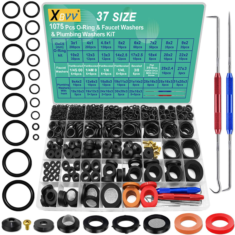 XBVV 37 Size 1075 Pcs Faucet Washers & O-Rings Kit & Plumbing Gasket 3-in-1 Home Universal Rubber Washers Assortment Kit for Faucet Hose Spigot