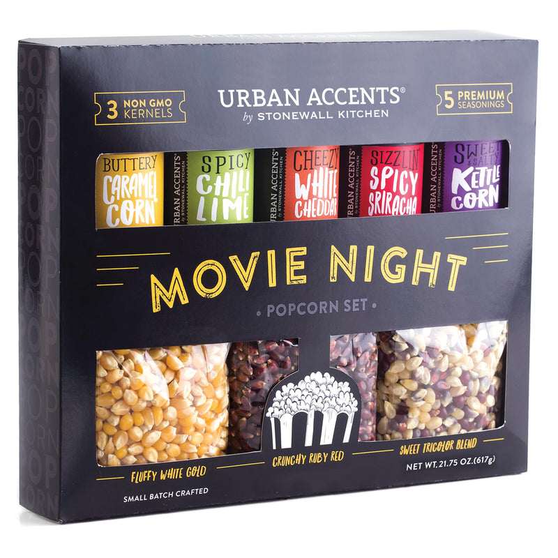 Urban Accents Movie Night Popcorn Gift Set – Includes 3 Gourmet Popcorn Kernel Varieties & 5 Flavorful Seasonings – Perfect Snack Gift Box for