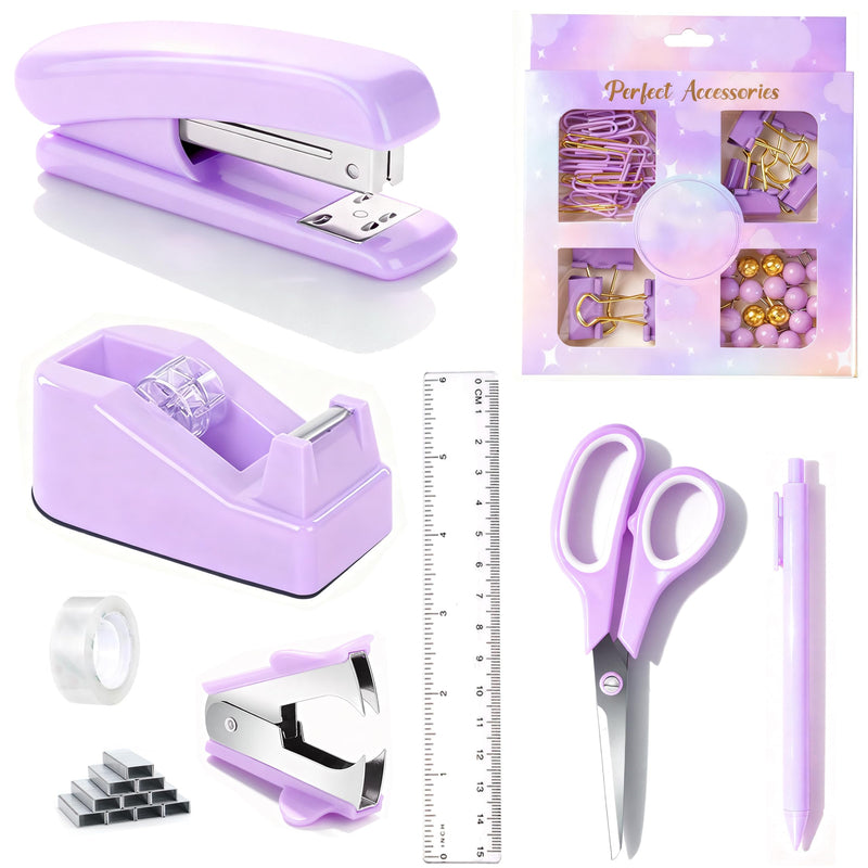Purple Desk Accessories, Purple Office Supplies 360ðPen Holder Desk Organizers and Accessories with Tape Dispenser, Stapler, Staple Remover, 1000