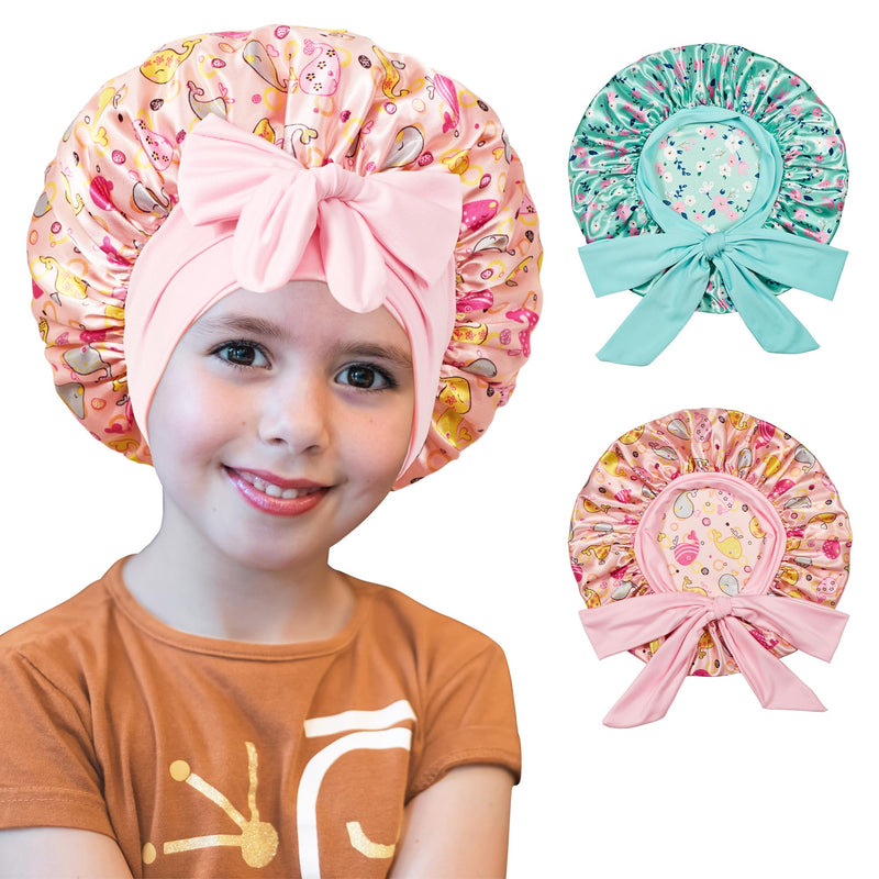 2 PCS Kids Bonnets for Girls, Silk Bonnet for Kids, Satin Bonnet for Sleeping, Baby Toddler Tie Bonnet Sleep Cap Set C