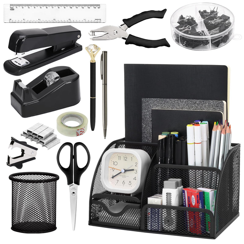SYMDROMIA 13-in-1 Office Desk Organizer Set with Stapler and Tape Dispenser, Pen Holder, Scissors, Ruler, Hole Punch, 2 Pens & More Desktop