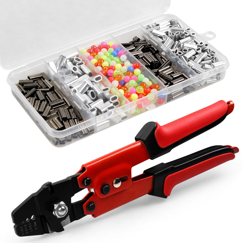 Fishing Crimping Tool Kit, High Carbon Steel Fishing Crimping Pliers Wire Rope Leader Crimping Tool with 500pcs Fishing Crimp Sleeves Beads Set, 4