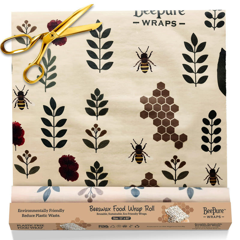BeePure Reusable Beeswax Food Wrap - Eco-Friendly, Sustainable Wrap Roll (15"x80") - Plant & Bee Pattern for Food Storage BP-ROLL-NATURE