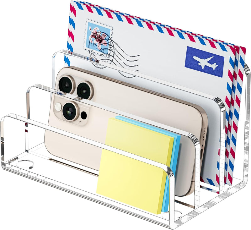 Mail Organizer Countertop, 3 Section Clear Acrylic Small File Holders Letter Organizer for Desk, Modern Filing Accessories for Document, Office,