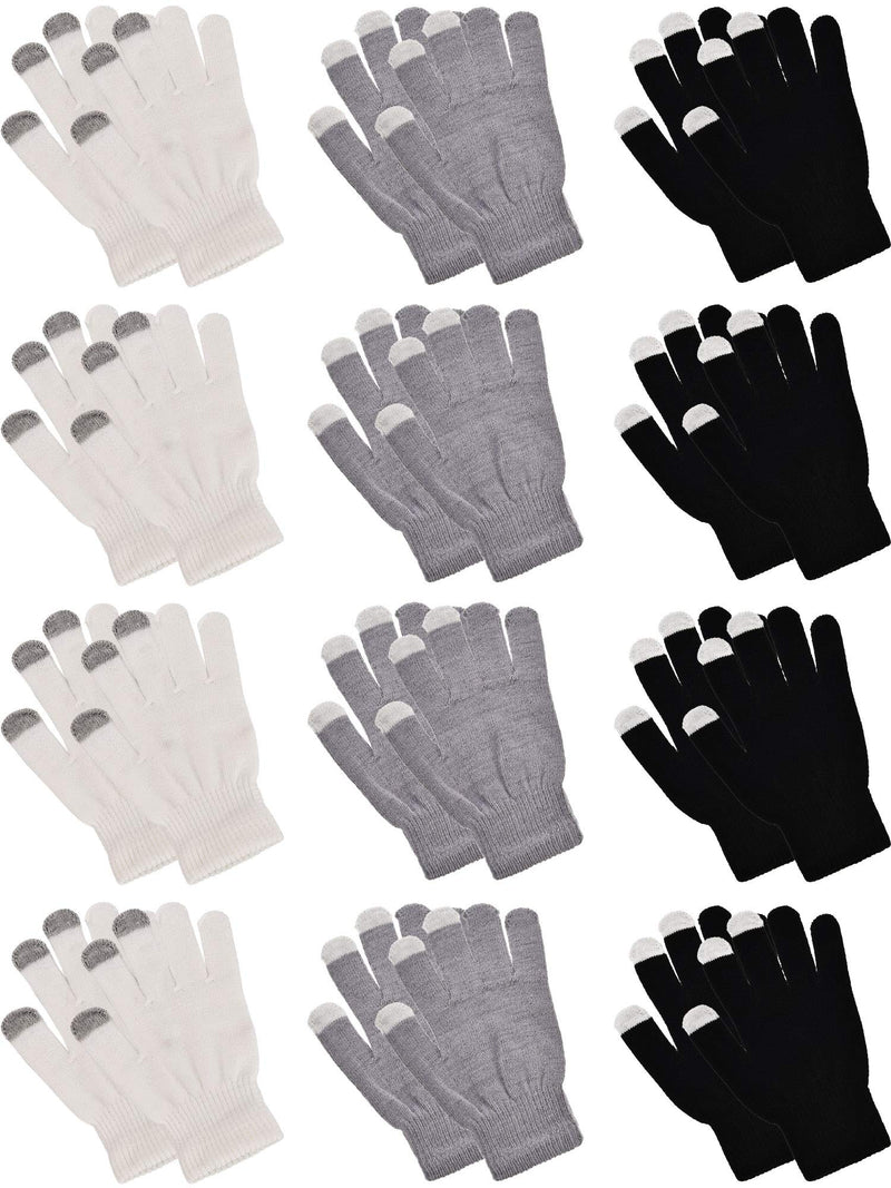 Pangda 12 Pairs Winter Touch Screen Gloves for Men Women Stretch Knitted Texting Gloves Warm Windproof Solid Color Mittens Black, White, Gray